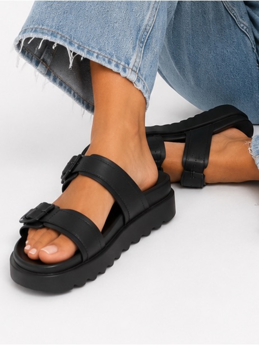 Capelli of New York Black Dual-Strap Buckle Platform Sandals